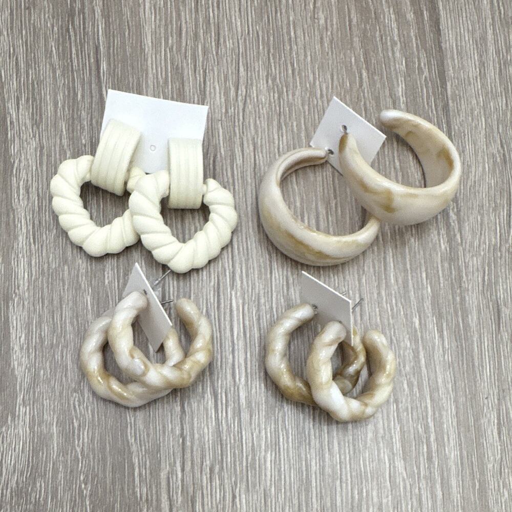 Lot of 4 Pairs White/Beige Plastic Round Hoop Earrings Post & Butterfly